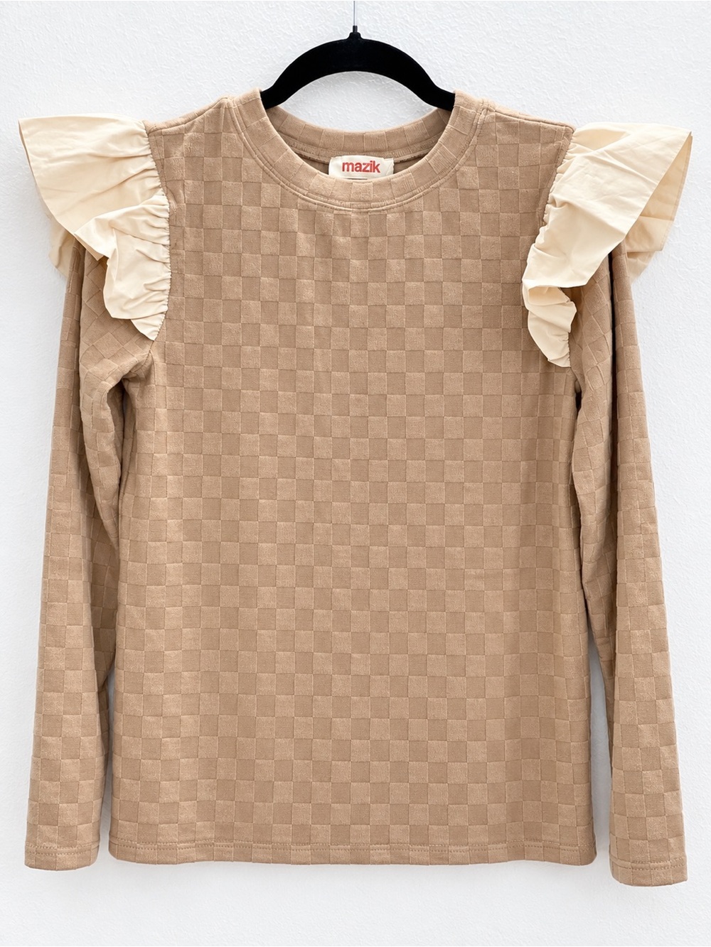 Mazik Tan Long-Sleeve Ruffle Shoulder Top with Cream Accents